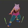 Anthropomorphic Cat Headed Figurine Standing With Blue Pants Orange Decor Skirt And Sticks
