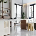 Modern Living And Dining Room With Curved Design Green Plant Bookshelves Sofa And Coffee Table