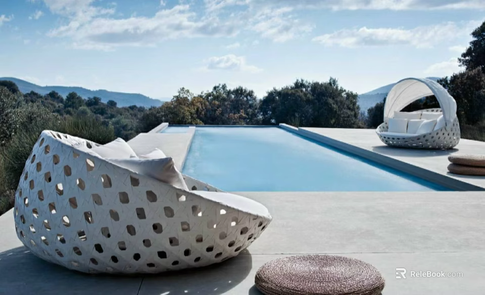 Stylish Outdoor Poolside Table And Chair Set With Perforated Design And Scenic View 3d model 