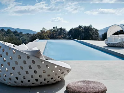Stylish Outdoor Poolside Table And Chair Set With Perforated Design And Scenic View 3d model