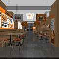 Wooden Restaurant Interior With Bright Lighting Menu Posters Tables And Orange Chairs