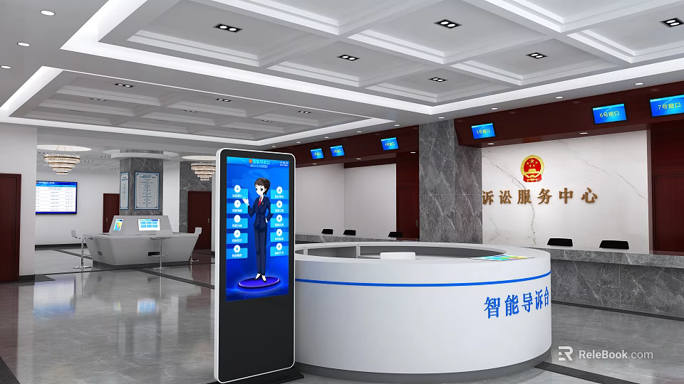 Modern Service Hall Interior With Intelligent Guidance Desk And Digital Display Screen 3d model 