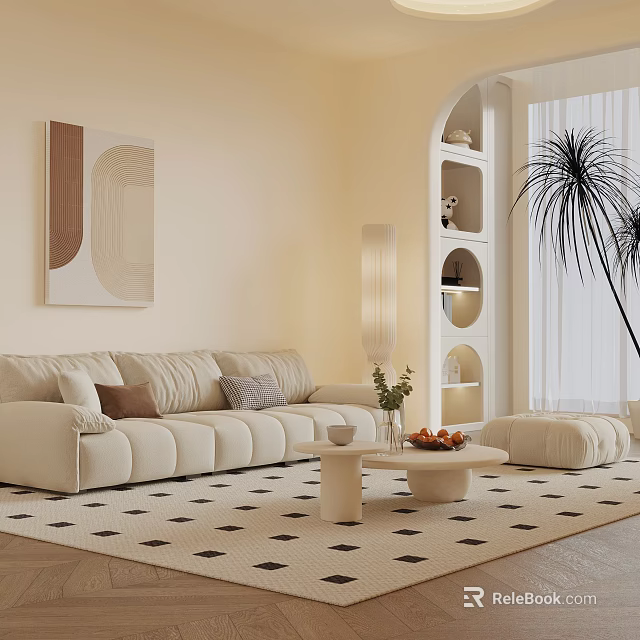 Modern Beige Sofa with Cushions Round Coffee Table Set Black White Geometric Rug Abstract Painting Floor Lamp Arch Bookshelf Palm Plant 3d model 