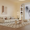 Modern Beige Sofa with Cushions Round Coffee Table Set Black White Geometric Rug Abstract Painting Floor Lamp Arch Bookshelf Palm Plant