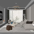 Modern Living Room Interior With Large TV Beige Sofa Round Coffee Table And Chandelier