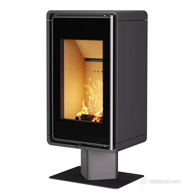 Modern Freestanding Fireplace With Black Exterior Glass Door And Burning Flames 3d model 