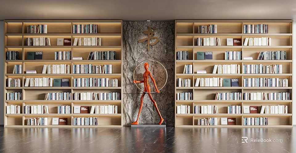 Wooden Bookcases Filled With Books And Orange Sculpture In Modern Interior With Wall Calligraphy 3d model 
