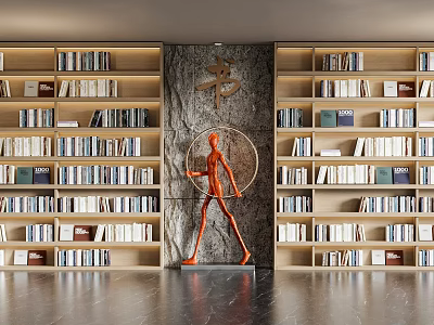 Wooden Bookcases Filled With Books And Orange Sculpture In Modern Interior With Wall Calligraphy 3d model