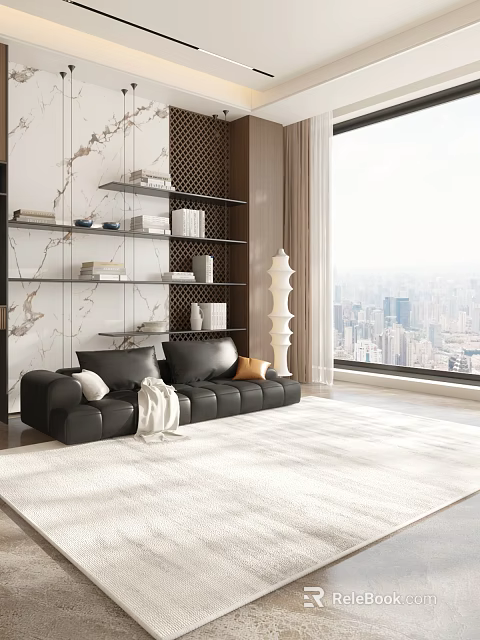 Modern Living Room Interior With Black Leather Sofa White Floor Lamp And City View 3d model 