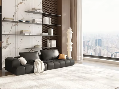 Modern Living Room Interior With Black Leather Sofa White Floor Lamp And City View 3d model