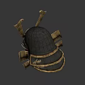 Ornate Traditional Samurai Helmet With Golden Decorations And Red Mask Design
