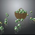 Green Mushrooms with White Spots in Brown Wicker Basket and Scattered Around on Dark Background