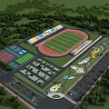 Modern Sports Stadium With Soccer Field Running Track And Seating Areas