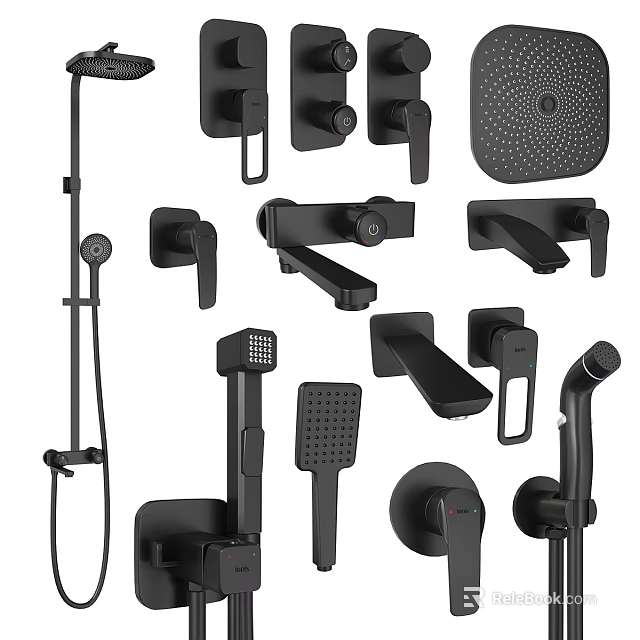 Modern Black Shower Fixtures Including Handheld Overhead Heads And Control Valves 3d model 
