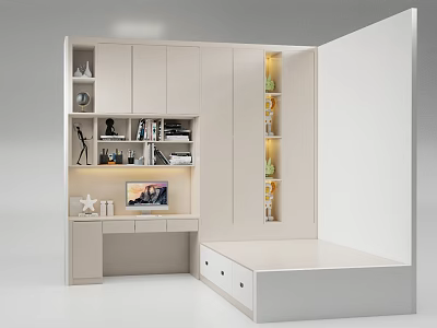 Modern Multifunctional Room Interior With Desk Bookshelves Storage Cabinets And Lighting 3d model
