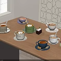 Various Coffee Cups With Unique Designs On Wooden Table Alongside Mini Pastries And Wall Art