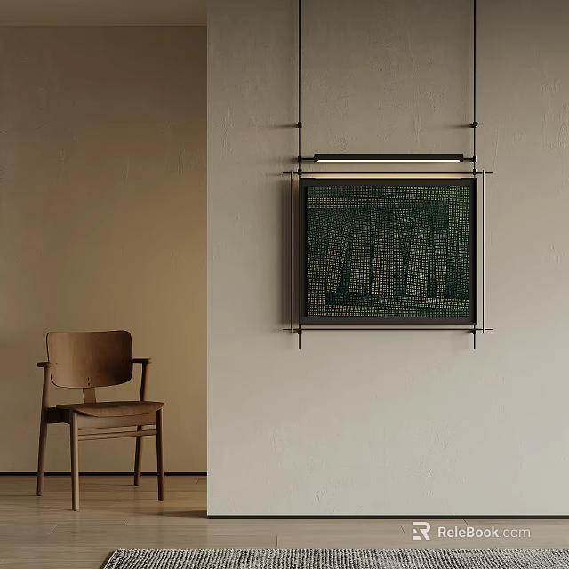 Minimalist Room With Wooden Chair And Green Tree Painting On Beige Wall 3d model 