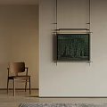 Minimalist Room With Wooden Chair And Green Tree Painting On Beige Wall