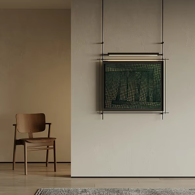 Minimalist Room With Wooden Chair And Green Tree Painting On Beige Wall 3d model