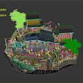 Cartoon Style Japanese Village Scene With Cherry Blossom Tree Small River And Stone Path