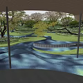 Lush Garden Landscape With Stepped Water Pool Green Plants And Surrounding Trees