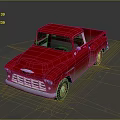 Red Vintage Pickup Truck With Old Appearance Front Grille And Wheels On Rough Ground