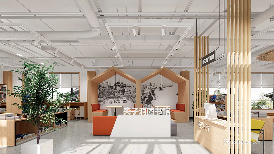 Modern Restaurant Interior With Wooden Partitions Bookshelves Tables Chairs Reception Desk And Green Plants 3d model 