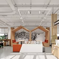 Modern Restaurant Interior With Wooden Partitions Bookshelves Tables Chairs Reception Desk And Green Plants