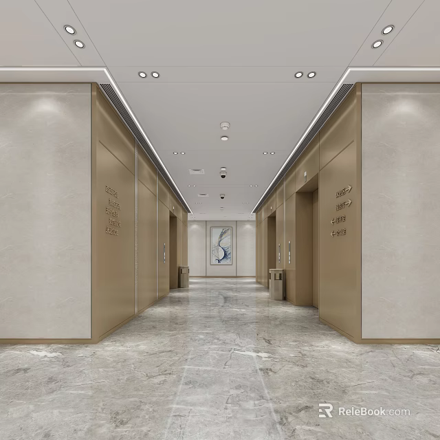 Modern Elevator Corridor Featuring Marble Flooring Metal Panels Recessed Lighting And Decorative Artwork 3d model