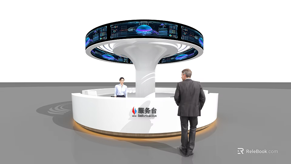 Contemporary Round Reception Desk With Interactive Digital Display And Service Personnel 3d model