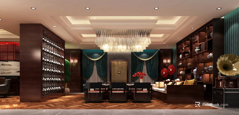 Luxury Clubhouse Interior Design With Elegant Chandelier Green Curtains And Wooden Shelves 3d model 