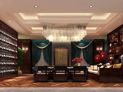 Luxury Clubhouse Interior Design With Elegant Chandelier Green Curtains And Wooden Shelves 3d model