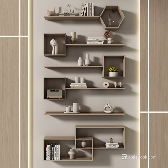 Modern Wall Mounted Shelves with Decorative Sculptures Books and Potted Plant 3d model 