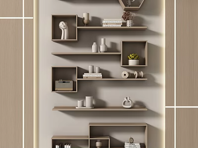 Modern Wall Mounted Shelves with Decorative Sculptures Books and Potted Plant 3d model
