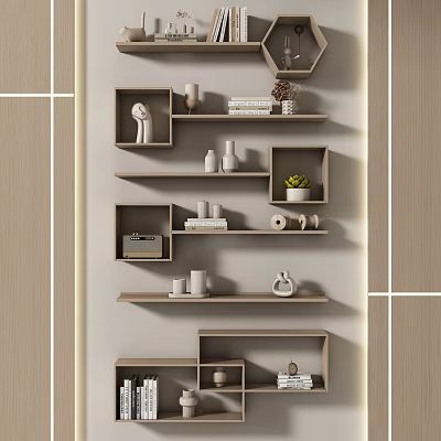 Modern Wall Mounted Shelves with Decorative Sculptures Books and Potted Plant 3d model