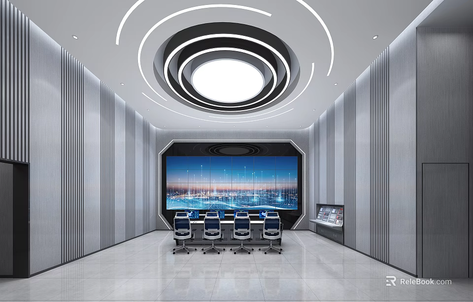 Modern Monitoring Room With Large Cityscape Display Screen Multiple Chairs And Ceiling Lighting 3d model 
