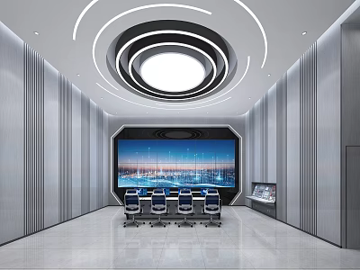 Modern Monitoring Room With Large Cityscape Display Screen Multiple Chairs And Ceiling Lighting 3d model