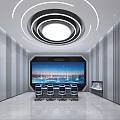 Modern Monitoring Room With Large Cityscape Display Screen Multiple Chairs And Ceiling Lighting