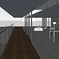 Home Balcony with Wooden Flooring Glass Railing Dining Area Pendant Lights and Natural Water View