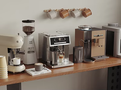 Modern Kitchen Countertop With Coffee Machine Grinder Milk Frother And Appliances 3d model