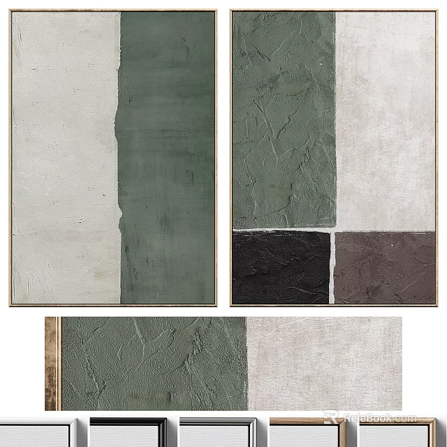 Abstract Textured Wall Art With Green White Black Brown Panels 3d model 