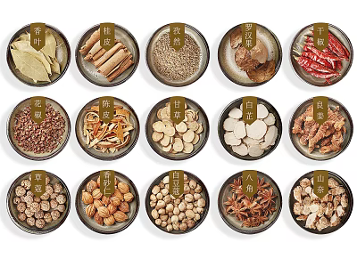 Assorted Chinese Spice Jars Containing Star Anise Cinnamon Chili And Sichuan Peppercorns 3d model