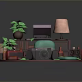 Open Laptop On Red Circular Platform With Green Plants Lamp Camera Radio And Bottles