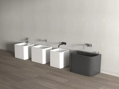 Modern Bathroom Accessories With Multiple White And Gray Ceramic Washbasins And Wall Mounted Faucets 3d model