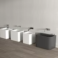 Modern Bathroom Accessories With Multiple White And Gray Ceramic Washbasins And Wall Mounted Faucets