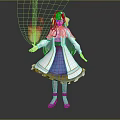 3D Anime Character With Long Silver Hair And Blue White Dress Interacting With Flame Creature