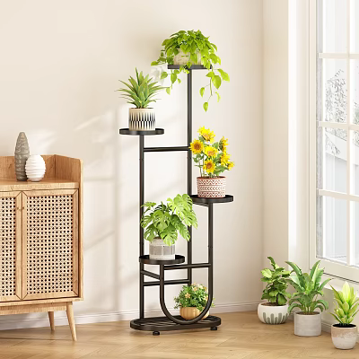 Multi Tiered Black Plant Stand With Green Plants And Yellow Flowers For Indoor Home Decor 3d model