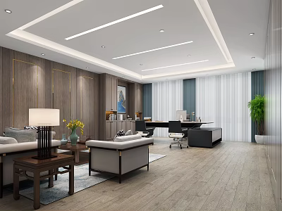 Modern Office Interior Design With Wooden Walls Sofa Coffee Table Desk Chair And Green Plant 3d model
