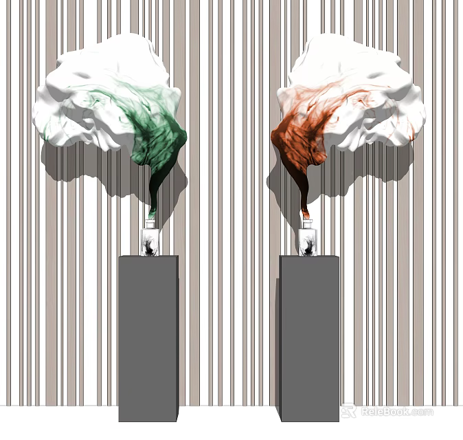 Ornamental Decor Set Two Pieces Grey Bases Cloud Shaped Green Brown Tones Striped Background 3d model 