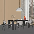 Modern Dining Table And Chairs Set in Contemporary Interior With Pendant Light And Window Blinds
